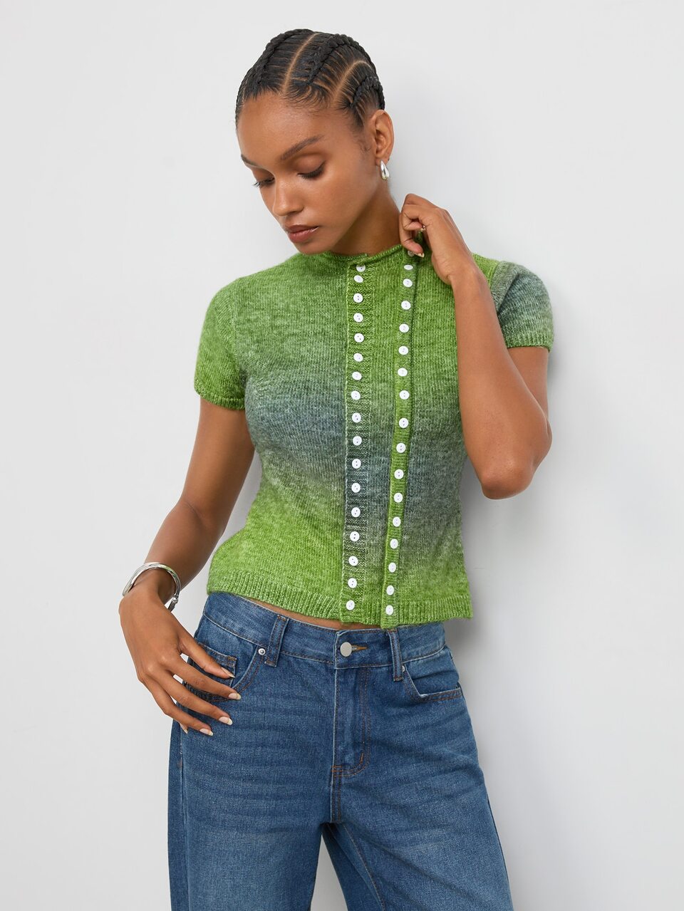 SHEIN Maija Green Women's Gradient Tie Dye Knit Cardigan, Short Sleeve, Double-Breasted, Autumn/Winter Halloween Festival Back To School