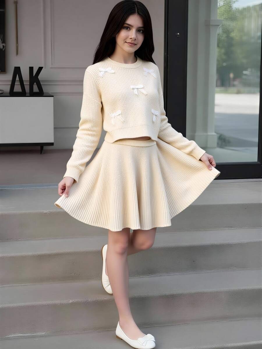 SHEIN Fall Clothes Winter Tween Girls White Cute Long Sleeve Bow Pleated Sweater & Skirt Set, Back To School, Cozy Soft, Festival Outfits Christmas - White - View 1
