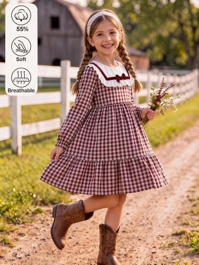 Tween Girls Autumn Plaid Dress Long Sleeve Bow Peter Pan Collar Ruffle Hem Casual Cute Dress School Red And White Plaid