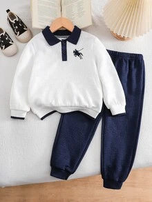 2件組男孩時尚休閒極簡半拉鍊 Polo 領運動衫與長褲運動褲套裝，適合春秋日常穿著，整體設計簡約優雅，舒適時尚，柔軟舒適面料，適合秋冬穿著，適合 4-8 歲男孩日常穿著 - 彩色 - 查看 8