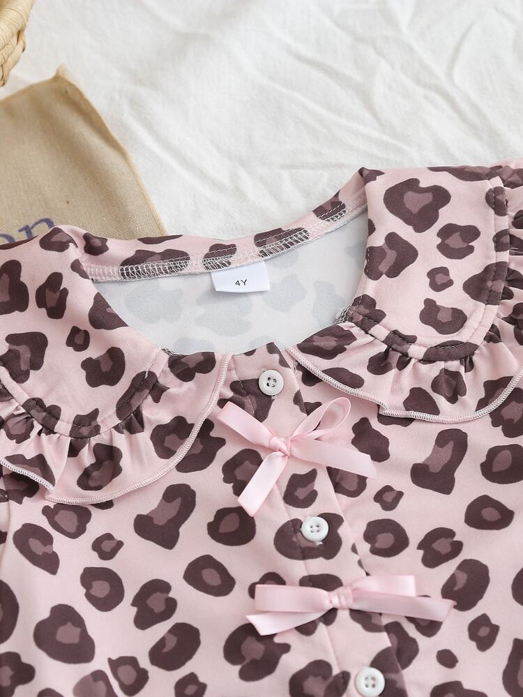 Girls' Leopard Print Ruffle Bow Long Sleeve Pajama Set, Cute 2 Pieces Young Girl' Loungewear Set - Multicolor - View 4
