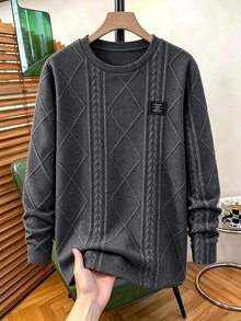 SHEIN Coolqubz 1件青少年男孩秋冬針織提花布料長袖圓領T恤，柔軟舒適，適合日常休閒通勤穿著，適合男孩日常穿著 - 灰色 - 查看 1