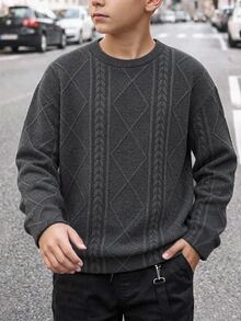 SHEIN Coolqubz 1件青少年男孩秋冬針織提花布料長袖圓領T恤，柔軟舒適，適合日常休閒通勤穿著，適合男孩日常穿著 - 灰色 - 查看 4