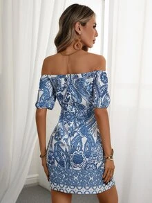 Breezaya 女士夏季佩斯利印花露背露肩系带短裙，适合仲夏夜海滩派对、情人节复古约会、夏季音乐节等场合。 - 藍白色 - 查看 4