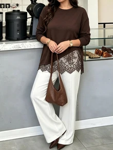 Easura Kaos Komuter Wanita Ukuran Besar Musim Gugur/Dingin dengan Patchwork Renda dan Bahu Longgar, Gaya Chic Musim Gugur/Dingin - Chocolate Brown - View 5
