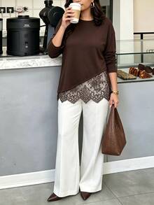 Easura Kaos Komuter Wanita Ukuran Besar Musim Gugur/Dingin dengan Patchwork Renda dan Bahu Longgar, Gaya Chic Musim Gugur/Dingin - Chocolate Brown - View 4