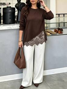 Easura Kaos Komuter Wanita Ukuran Besar Musim Gugur/Dingin dengan Patchwork Renda dan Bahu Longgar, Gaya Chic Musim Gugur/Dingin - Chocolate Brown - View 3