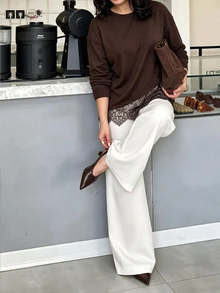 Easura Kaos Komuter Wanita Ukuran Besar Musim Gugur/Dingin dengan Patchwork Renda dan Bahu Longgar, Gaya Chic Musim Gugur/Dingin - Chocolate Brown - View 1