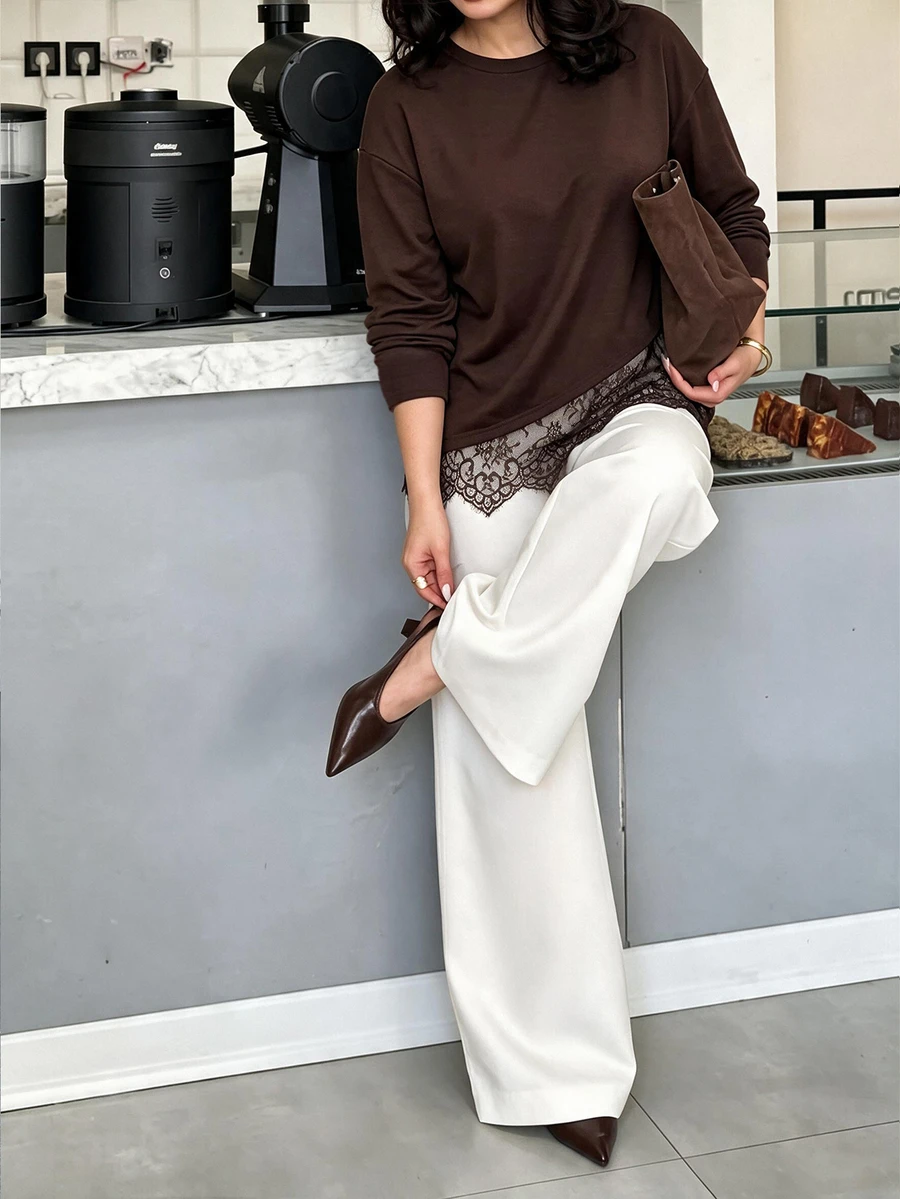 Easura Kaos Komuter Wanita Ukuran Besar Musim Gugur/Dingin dengan Patchwork Renda dan Bahu Longgar, Gaya Chic Musim Gugur/Dingin - Chocolate Brown - View 1