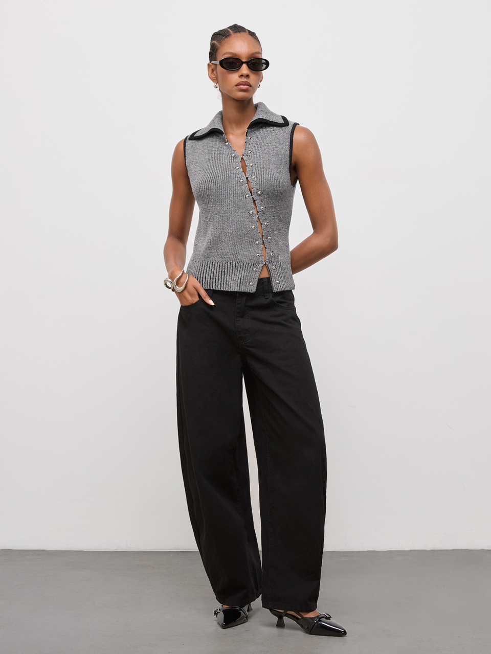 SHEIN Maija Women's Light Grey Lapel Sleeveless Cardigan With Trim, Metallic Foil Decor, Slim Fit, Urban Style, Autumn Casual Y2k Going Out Night Out