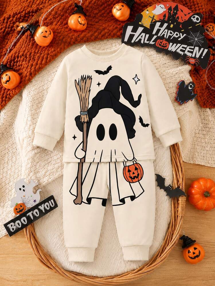 SHEIN Playful Pals Sudadera y pantalones para bebé niño, color beige con gráfico lindo de fantasma y calabaza, manga larga, cuello redondo, ajuste regular, ropa de otoño para sesión de fotos de Halloween y primer cumpleaños, estilo jogging - Multicolor - Añade 3