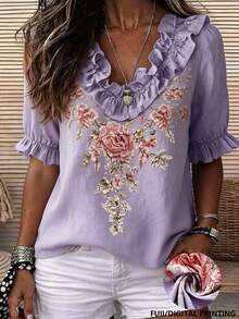 SHEIN Women's Summer Floral Print Ruffle Trim Short Sleeve Blouse Vacation Purple Floral Boho Casual - Multicolor - View 3