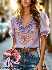 SHEIN Women's Summer Floral Print Ruffle Trim Short Sleeve Blouse Vacation Purple Floral Boho Casual - Multicolor - View 1