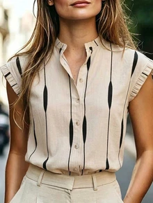 SHEIN Women's Vintage French Ruffled Collar Sleeveless Button-Up Shirt Blouse, Versatile For Commute, Afternoon Tea, Loose Casual Office Vacation Summer - Multicolor - View 1