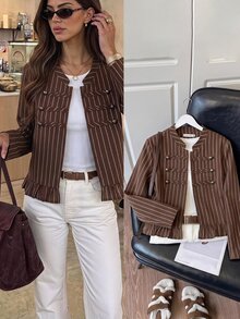 Serisse Women's Striped Casual Versatile Everyday Long Sleeve Jacket - Brown - View 6