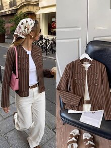 Serisse Women's Striped Casual Versatile Everyday Long Sleeve Jacket - Brown - View 8