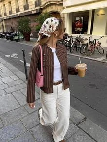 Serisse Women's Striped Casual Versatile Everyday Long Sleeve Jacket - Brown - View 9