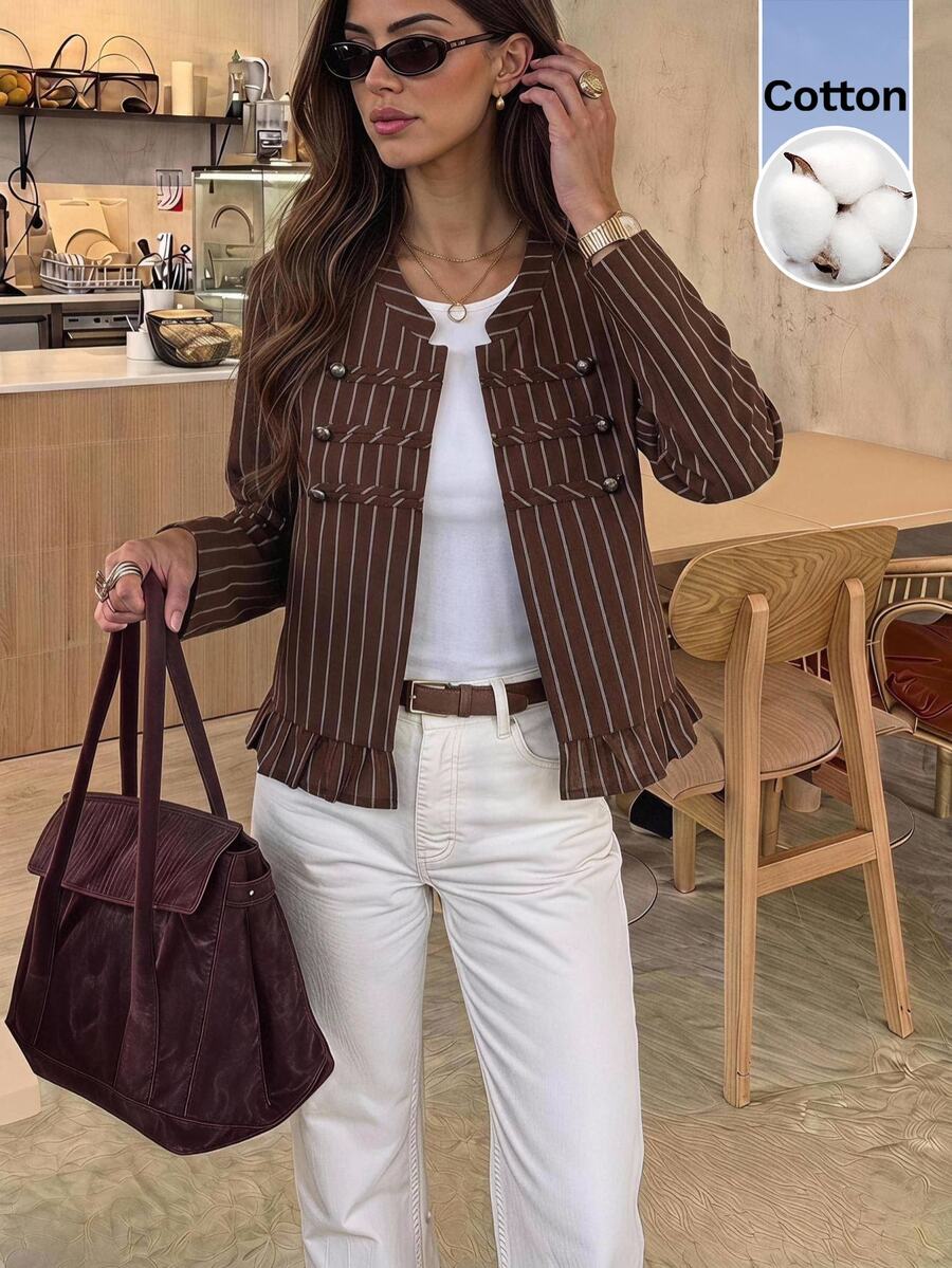Serisse Women's Striped Casual Versatile Everyday Long Sleeve Jacket - Brown - View 1