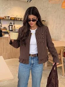Serisse Women's Striped Casual Versatile Everyday Long Sleeve Jacket - Brown - View 3