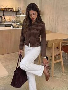 Serisse Women's Striped Casual Versatile Everyday Long Sleeve Jacket - Brown - View 4
