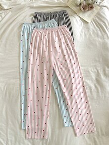 Snug Reverie 休閒可愛愛心條紋印花睡褲 3色套裝居家褲 黑白條紋、粉白條紋、藍白條紋 秋季 - 彩色 - 查看 2