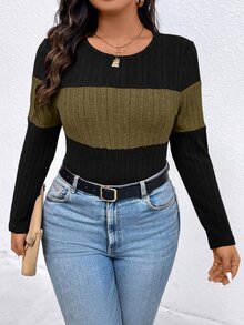 EMERY ROSE Camiseta casual de manga larga con cuello redondo y acanalado de color contrastante, talla grande, top para mujer para primavera y otoño - Multicolor - Ver 3