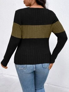 EMERY ROSE Camiseta casual de manga larga con cuello redondo y acanalado de color contrastante, talla grande, top para mujer para primavera y otoño - Multicolor - Ver 2