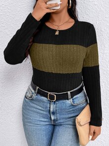 EMERY ROSE Camiseta casual de manga larga con cuello redondo y acanalado de color contrastante, talla grande, top para mujer para primavera y otoño - Multicolor - Ver 6