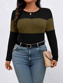 EMERY ROSE Camiseta casual de manga larga con cuello redondo y acanalado de color contrastante, talla grande, top para mujer para primavera y otoño - Multicolor - Ver 5