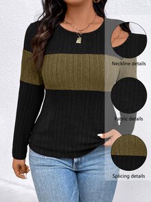 EMERY ROSE Camiseta casual de manga larga con cuello redondo y acanalado de color contrastante, talla grande, top para mujer para primavera y otoño - Multicolor - Ver 1