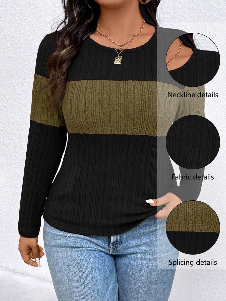 EMERY ROSE Camiseta casual de manga larga con cuello redondo y acanalado de color contrastante, talla grande, top para mujer para primavera y otoño - Multicolor - Ver 1