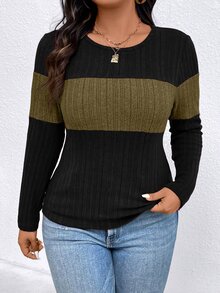 EMERY ROSE Camiseta casual de manga larga con cuello redondo y acanalado de color contrastante, talla grande, top para mujer para primavera y otoño - Multicolor - Ver 4