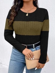 EMERY ROSE Camiseta casual de manga larga con cuello redondo y acanalado de color contrastante, talla grande, top para mujer para primavera y otoño - Multicolor - Ver 7