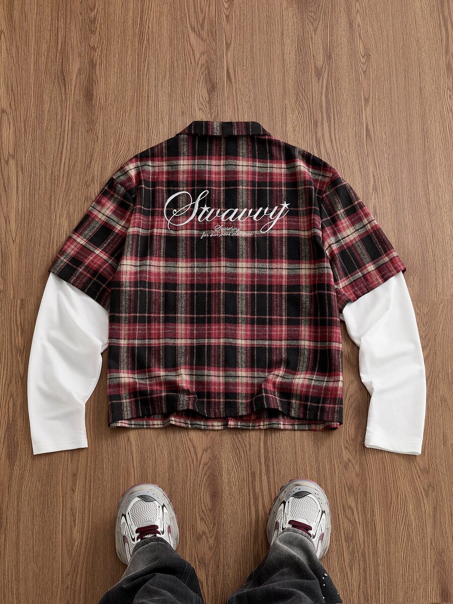 SWAVVY Men's Plaid Patchwork 2 In 1 Shirt - Burgundy - View 1