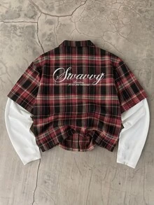 SWAVVY 男士格紋拼接二合一襯衫 - 酒紅色 - 查看 1
