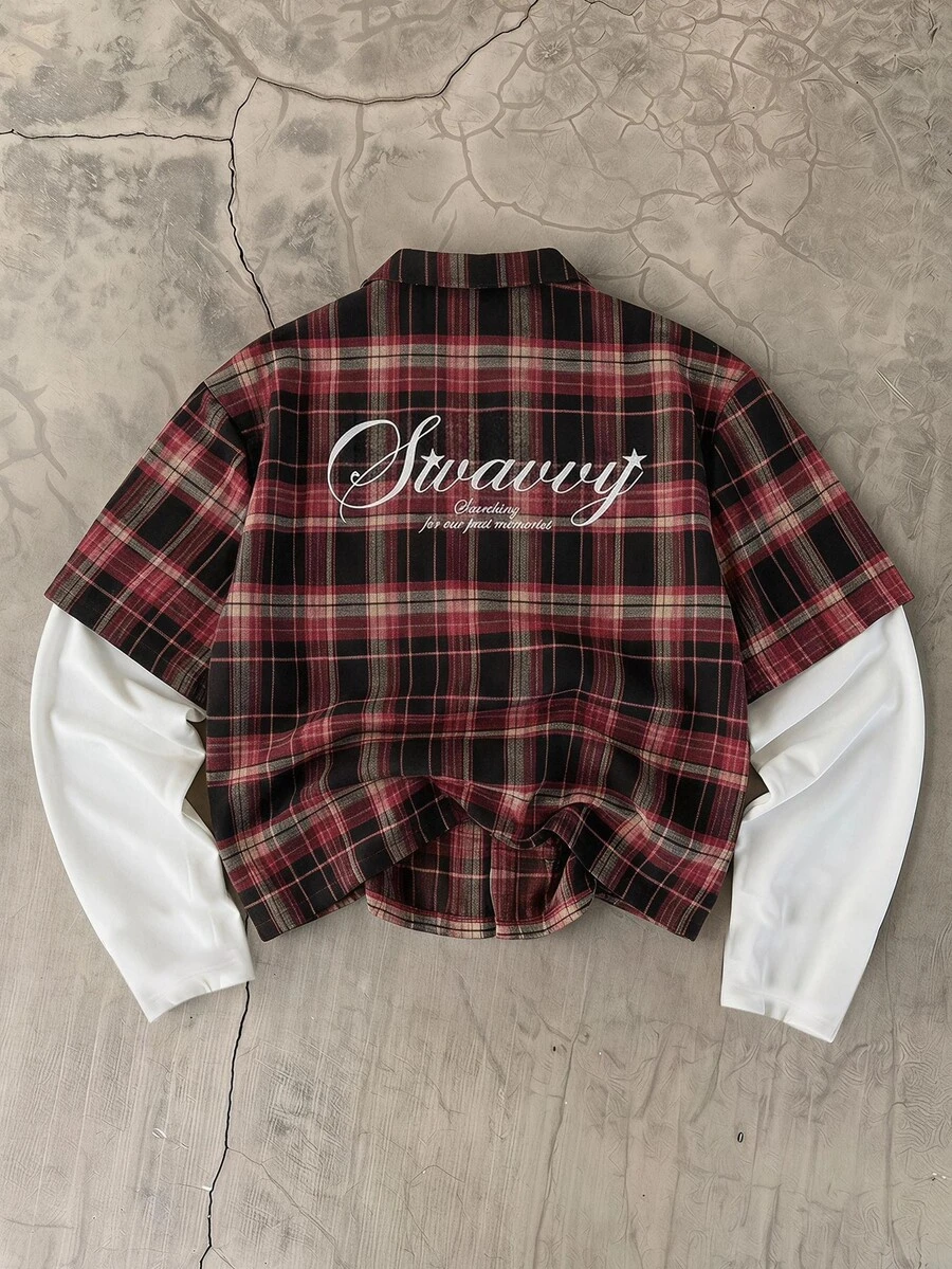 SWAVVY 男士格紋拼接二合一襯衫 - 酒紅色 - 查看 1