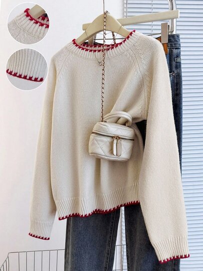 SHEIN Suéter casual holgado de manga larga con cuello redondo y bloques de color albaricoque y rojo para niñas preadolescentes, regreso a la escuela