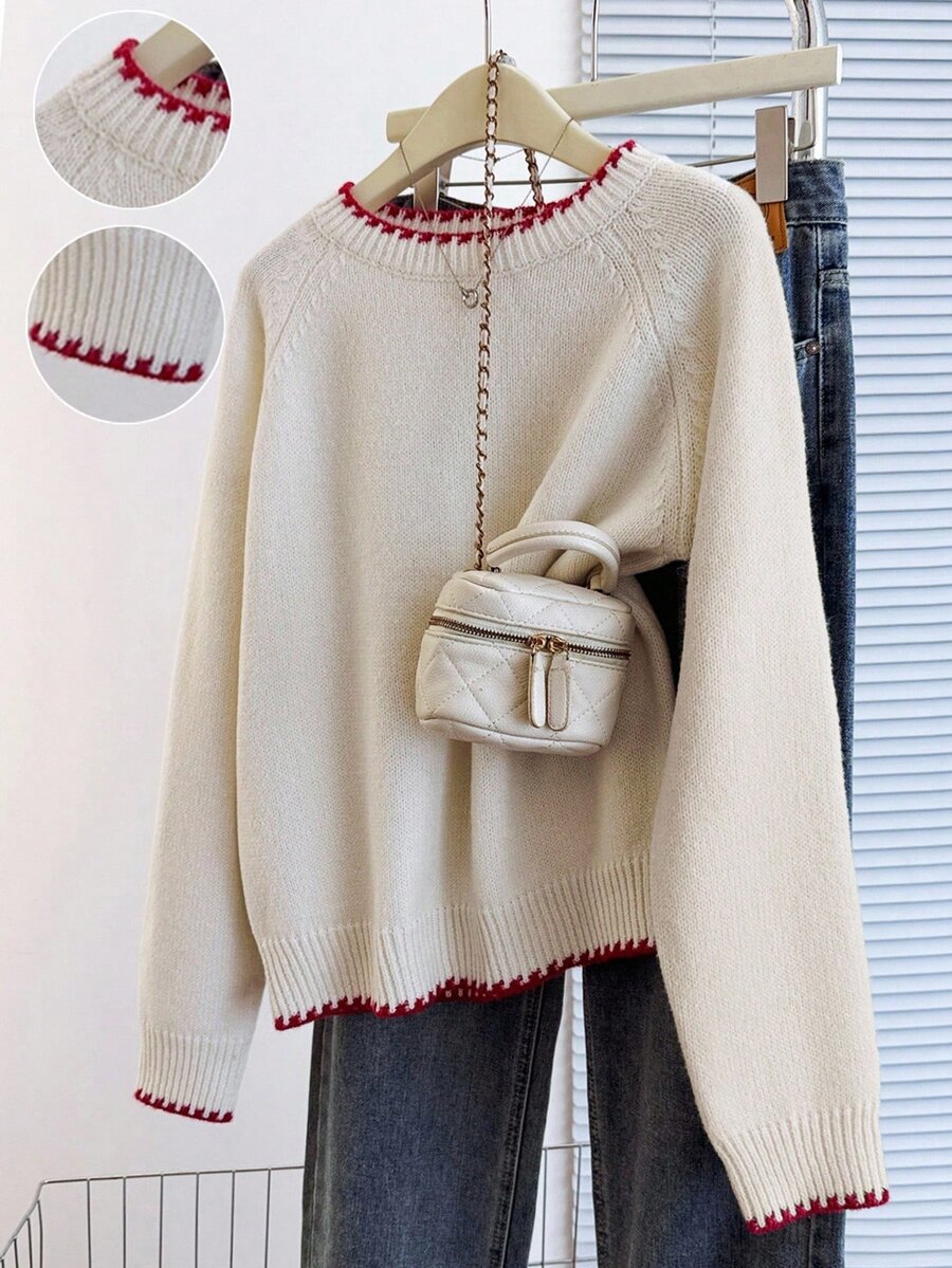 SHEIN Tween Girls Back To School Apricot & Red Colorblock Round Neck Long Sleeve Loose Casual Sweater - Apricot - View 1
