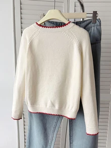 SHEIN Tween Girls Back To School Apricot & Red Colorblock Round Neck Long Sleeve Loose Casual Sweater - Apricot - View 2