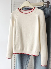 SHEIN Tween Girls Back To School Apricot & Red Colorblock Round Neck Long Sleeve Loose Casual Sweater - Apricot - View 3