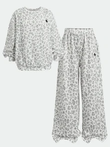 Tween Girl Leopard Print & Knight Graphic Crew Neck Sweatshirt And Pants Set - Multicolor - View 7
