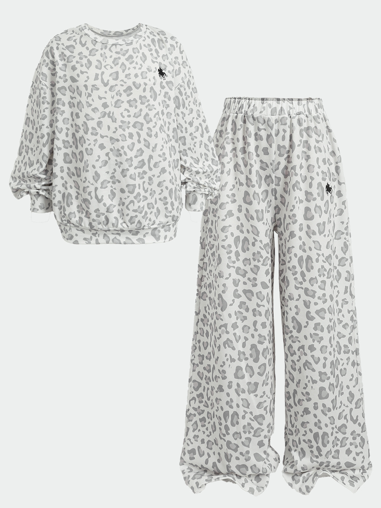 Tween Girl Leopard Print & Knight Graphic Crew Neck Sweatshirt And Pants Set - Multicolor - View 7