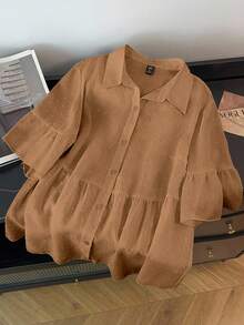 GlowEve CURVE 大尺碼女款純色荷葉邊下擺單排扣休閒襯衫 - 卡其色 - 查看 1