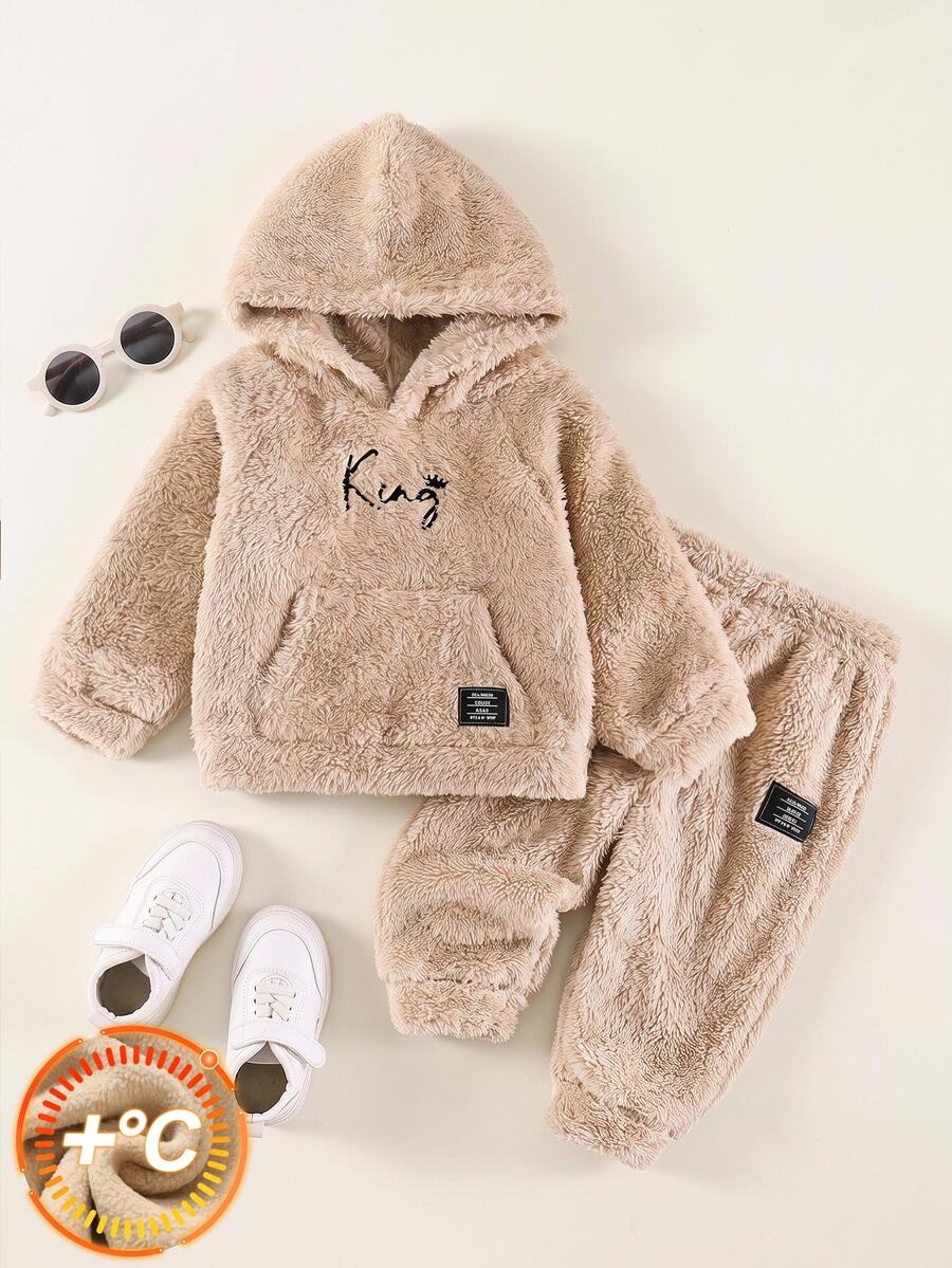 SHEIN Babyset för pojke med teddy-hoodie med bokstavsbrodyr, känguruficka och raglanärm samt höst- och vinterbyxor - Multifärgad - Visa 1