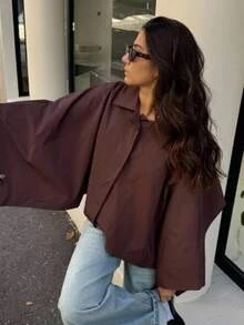 Serisse Women's Casual Versatile Button Textured Thin Jacket - Brown - View 3