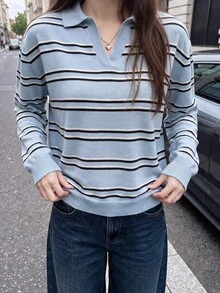 Comfortcana 女款藍白條紋拼接休閒學院風日常上學長袖針織衫 秋季 - 薄荷藍 - 查看 4