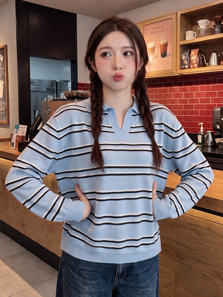 Comfortcana Women's Blue And White Stripe Colorblock Casual Preppy Daily School Long Sleeve Sweater Autumn - Mint Blue - View 8