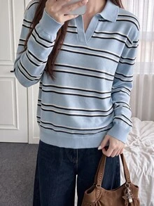 Comfortcana 女款藍白條紋拼接休閒學院風日常上學長袖針織衫 秋季 - 薄荷藍 - 查看 5