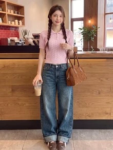 Comfortcana Women's Polo Bear Knit Top, Autumn Outfit, Back To School, Going Out, Cute Tops Women, Basic Tops For Women , Pink Top - Pink - View 8