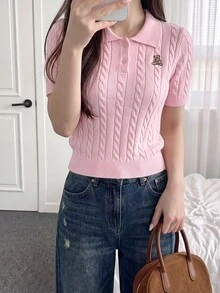 Comfortcana Women's Polo Bear Knit Top, Autumn Outfit, Back To School, Going Out, Cute Tops Women, Basic Tops For Women , Pink Top - Pink - View 5